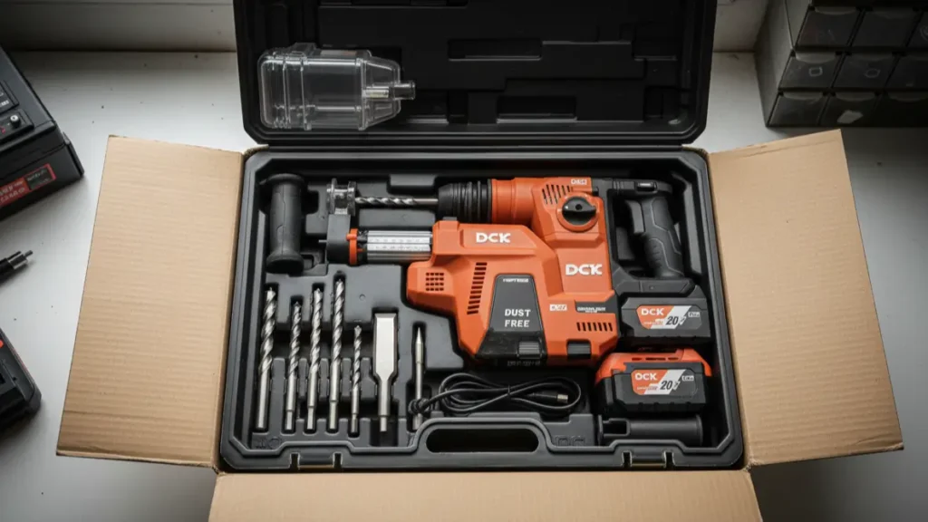 Testing the drilling speed of the DCK cordless rotary hammer on a construction site