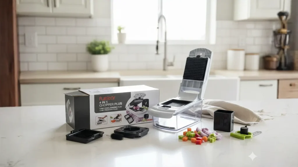 Fullstar Pro Chopper unboxed with all accessories and blades on a kitchen counter, a versatile Fruit Slicer