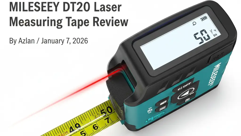 A high-quality MILESEEY DT20 laser measuring tape showing the digital display and physical tape, reviewed by Smart AI Gears.