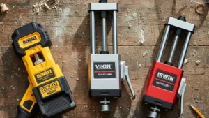 A top-down comparison of the three best cabinet lifting tools including DEWALT, Viking Arm, and IRWIN models arranged on a rustic wooden workbench, featured on Smart AI Gears.