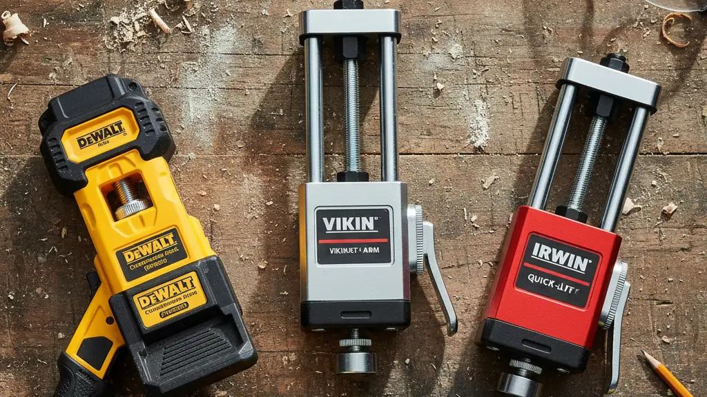 A top-down comparison of the three best cabinet lifting tools including DEWALT, Viking Arm, and IRWIN models arranged on a rustic wooden workbench, featured on Smart AI Gears.