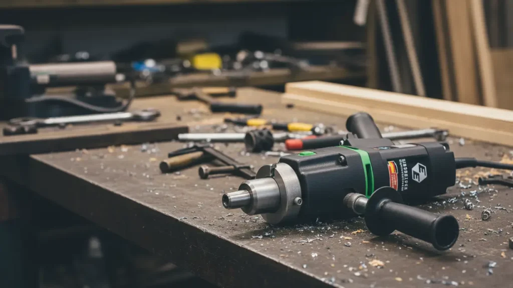 Industrial-grade German engineering of the CS Unitec EHB 20/2.4 drill motor in a professional workshop.