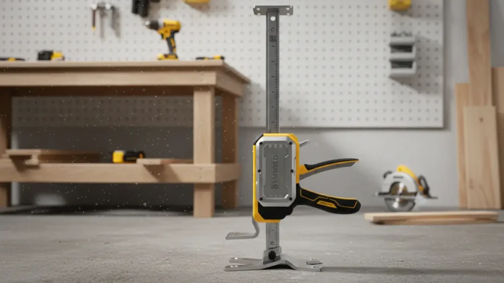 A DEWALT DWHT83550 Construction Jack standing on a concrete floor in a professional workshop setting, with a workbench and power tools blurred in the background.