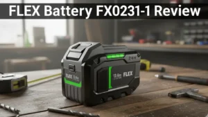 FLEX Battery FX0231-1 review showing 12.0Ah 24V lithium-ion battery on workbench – Smart AI Gears