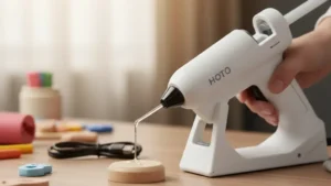 A white HOTO Cordless Glue Gun being used to apply hot glue on a wooden project, a top-rated tool on the Smart AI Gears website.