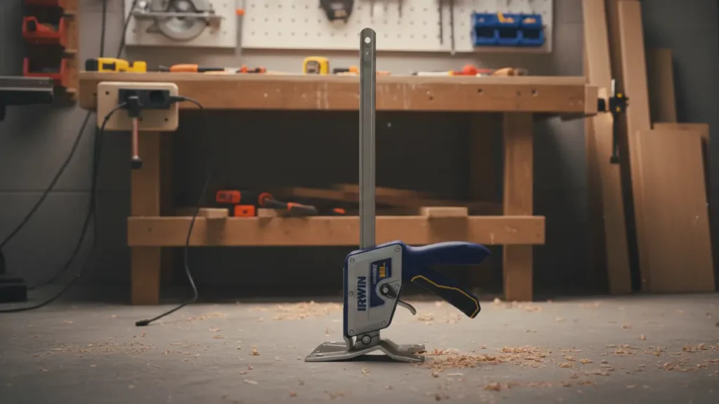 A single IRWIN Quick-Lift Construction Jack standing on a workshop floor with sawdust, featuring a blue and grey handle and a steel lifting bar against a blurred workbench background.