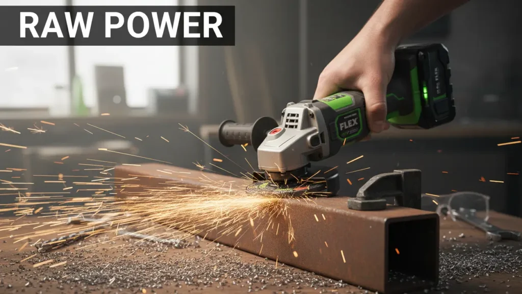 A cordless angle grinder cutting steel with intense sparks, powered by a high-capacity 24V lithium-ion battery during heavy-duty work
