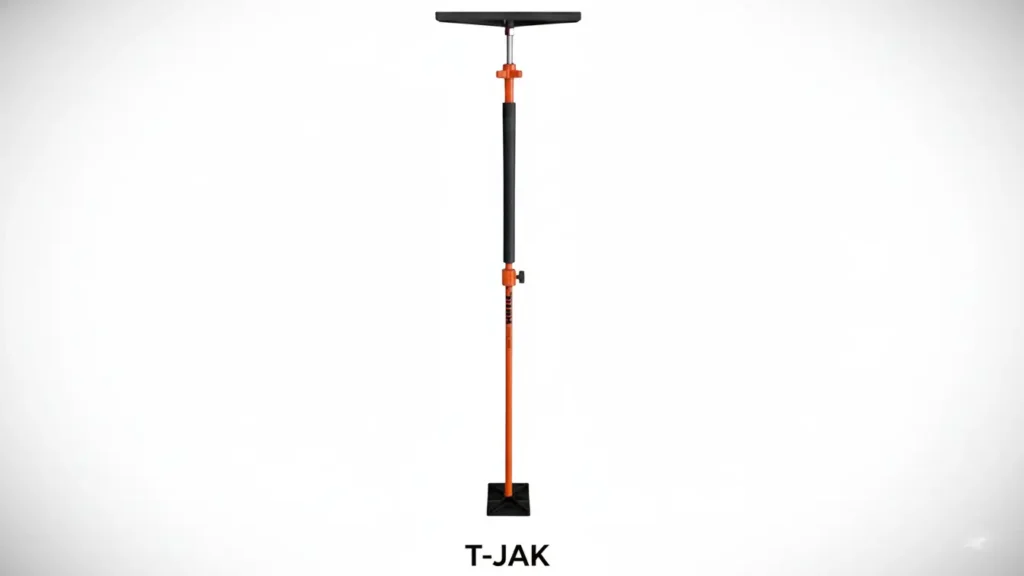 A professional studio product shot of an orange and black T-JAK telescoping cabinet jack on a clean white background with a subtle vignette.