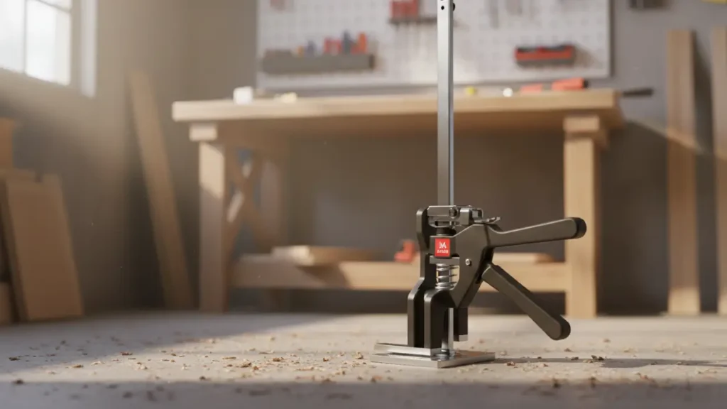 A close-up shot of the Viking Arm handheld jack standing on a workshop floor. The tool features high-quality black carbon steel and stainless steel components with a red Viking Arm logo.