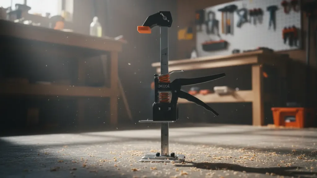 A close-up of a single black and orange XOOL labor-saving arm jack standing on a concrete workshop floor, with sunlight streaming from a window onto a blurred workbench in the background.