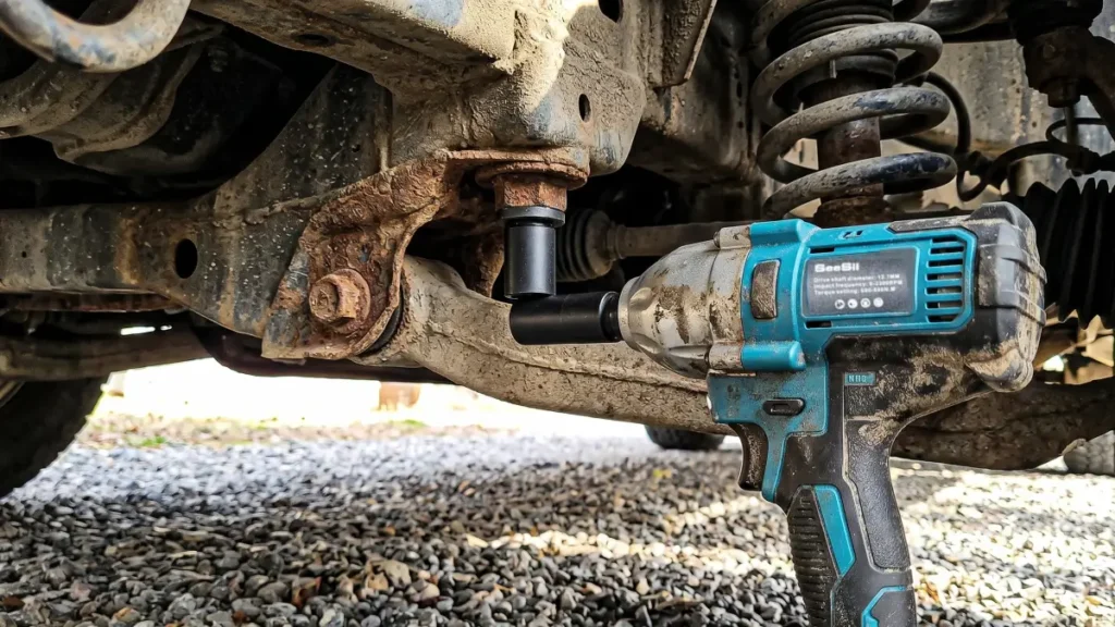 The blue SeeSii impact wrench attached to a heavily rusted lower strut mount bolt under a dirty truck wheel well.