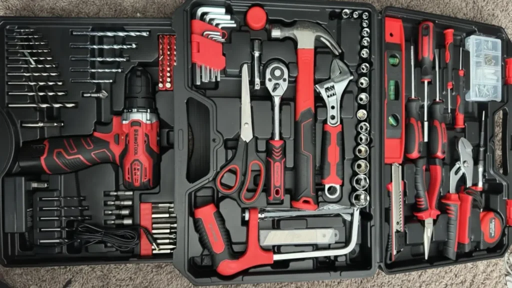 An open case displaying the complete KingTool 276 Piece Set, including a 12V cordless drill, hand tools, sockets, and accessories. Review at Smart AI Gears