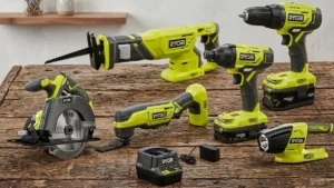 A high-quality studio shot of the RYOBI P1819 6-tool lithium-ion combo kit, including circular saw, multi-tool, drill, impact driver, and reciprocating saw, presented as part of the RYOBI P1819 Review by Smart AI Gears.