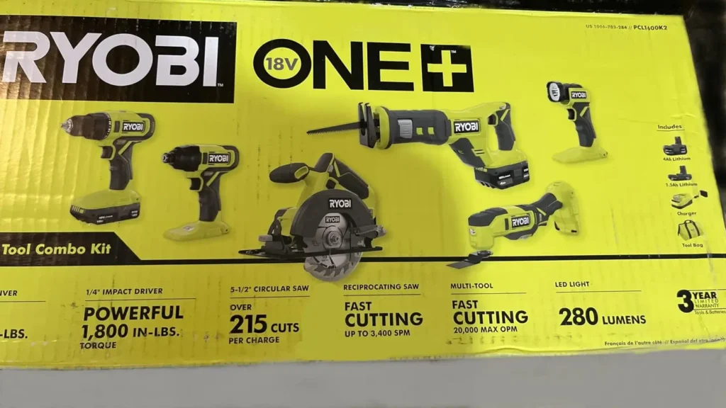 The top face of the RYOBI P1819 combo kit product box, displaying the key technical specifications for all six included tools and the two batteries.