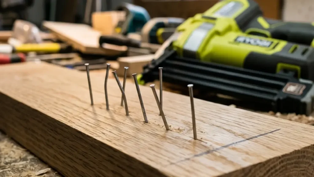 A close-up of a brad nail sticking out of solid oak wood after being shot by a cordless nailer.