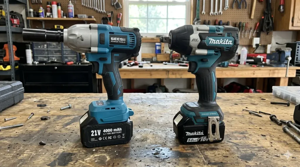 Side by side comparison of the blue SeeSii impact wrench and the teal Makita impact wrench resting on a dirty workbench.