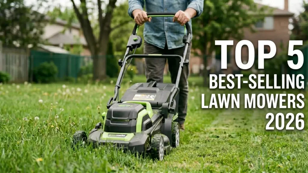 A person pushing a green electric mower through a grassy backyard. The image features a text overlay that reads TOP 5 BEST-SELLING LAWN MOWERS 2026, representing a hand-tested review by Smart AI Gears.