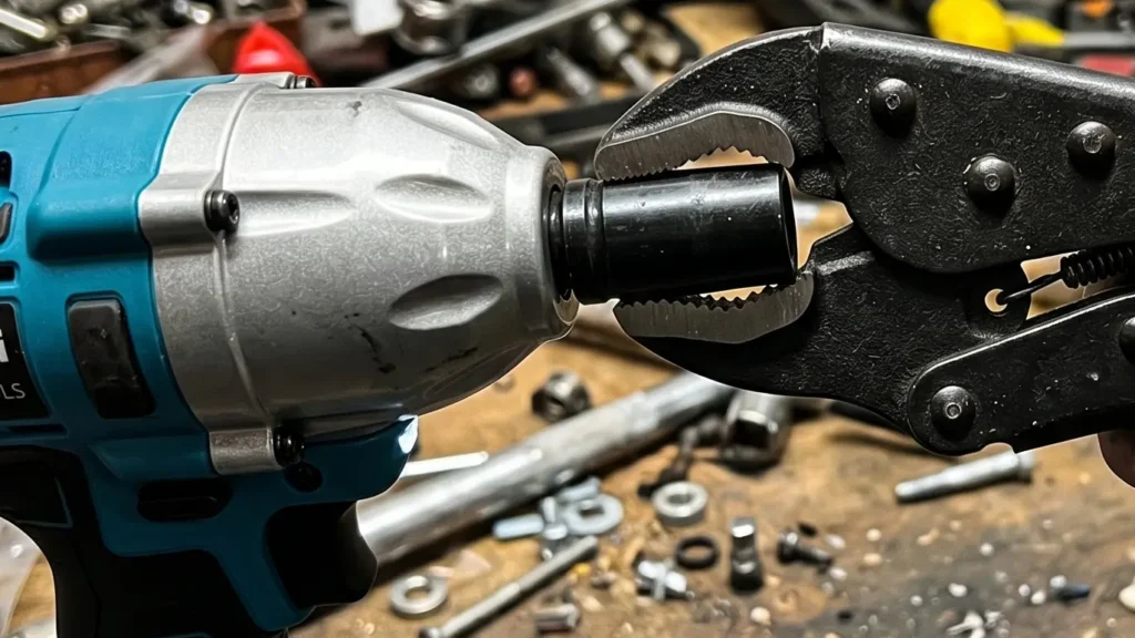 A hand using black jaw pliers to forcefully pull a stuck impact socket off the anvil of the blue SeeSii impact wrench.