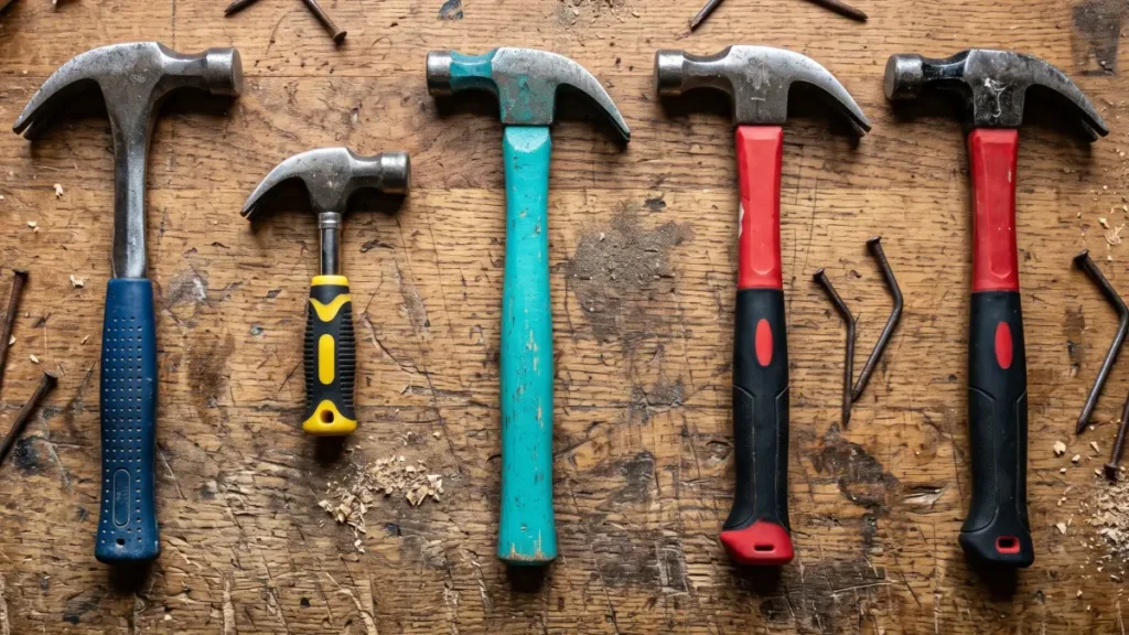 Top-down view of the 5 best-selling claw hammers of 2026 resting on a rugged wooden workbench with sawdust and bent nails, prepared for a hand-tested review on Smart AI Gears website.