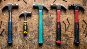 Top-down view of the 5 best-selling claw hammers of 2026 resting on a rugged wooden workbench with sawdust and bent nails, prepared for a hand-tested review on Smart AI Gears website.