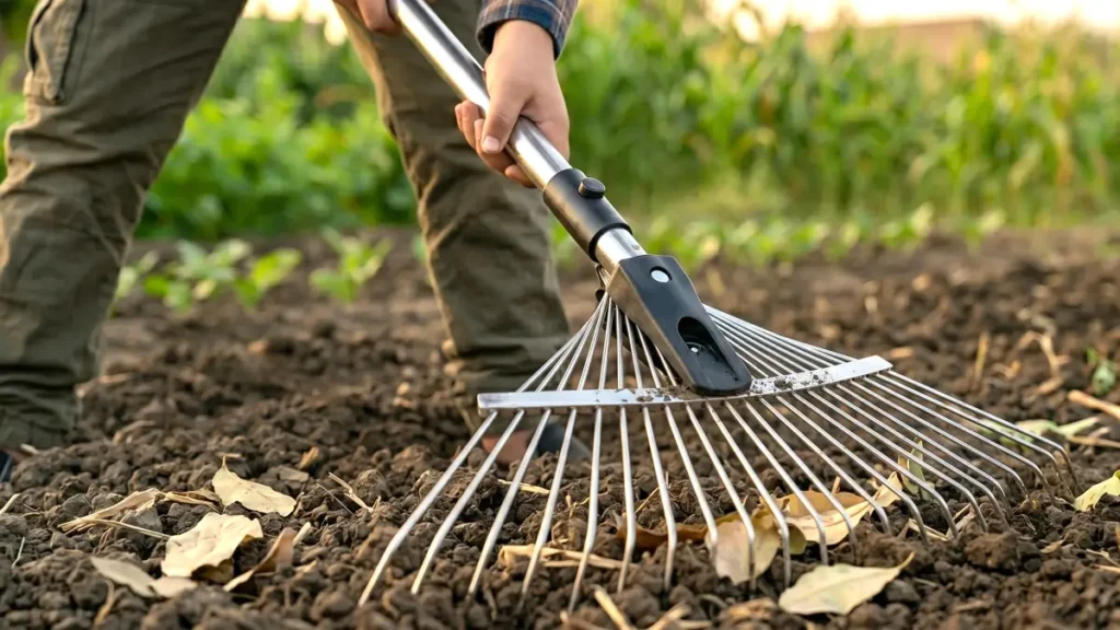 Close-up of a gardener using a metal garden rake with an adjustable fan head to clear leaves and debris from loose soil.