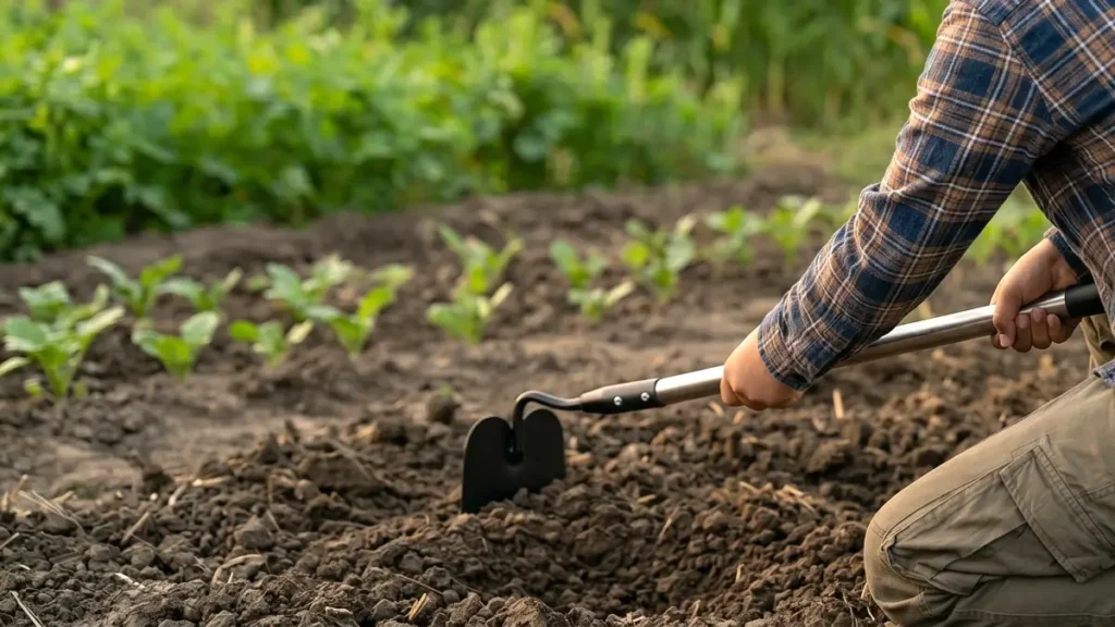 A gardener kneeling in a field, using an all-purpose digging hoe with a black blade to loosen the soil around young crop rows.