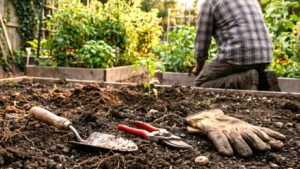 A collection of essential tools for gardening resting on fresh soil tested by Smart AI Gears.
