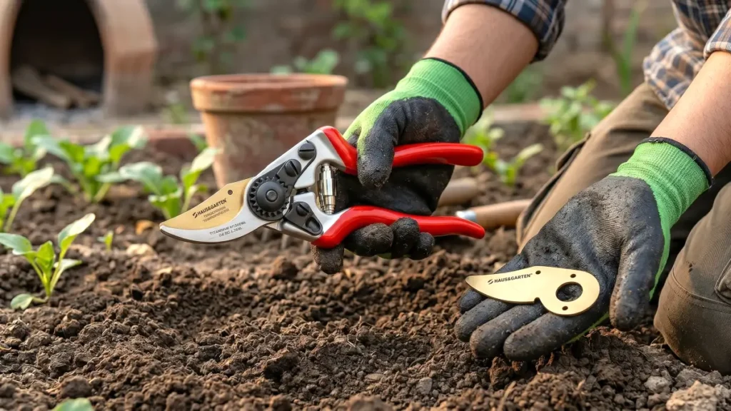 A gardener wearing protective gloves holding a pair of red-handled bypass pruning shears and a spare replacement blade over garden soil.