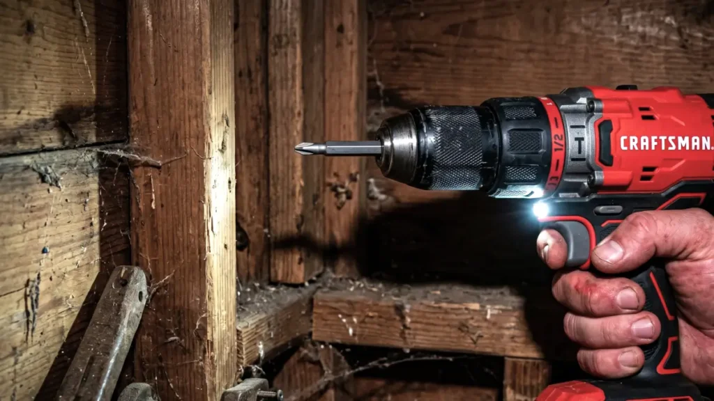 Close-up of a red drill's keyless chuck casting a shadow in a dark corner.