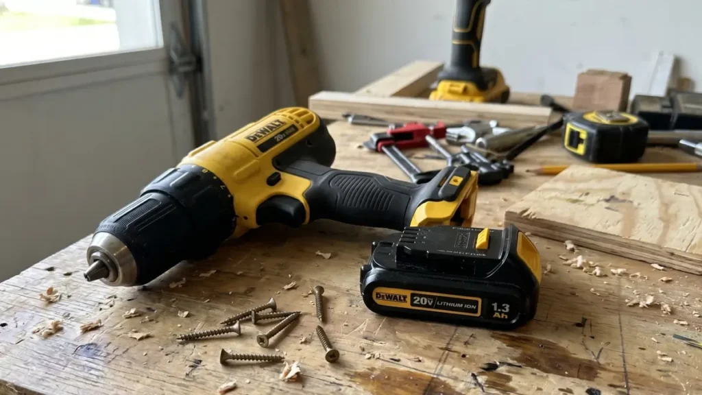 Compact DeWalt 20V Max 1.3Ah battery sitting next to the drill.