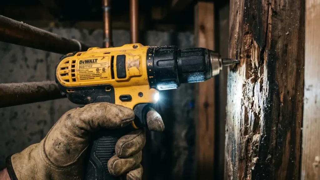 Close-up of LED work light shining on dark wood.