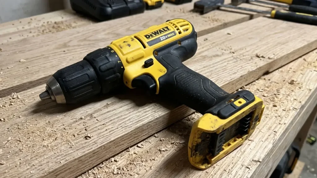 DeWalt DCD771C2 review by Smart AI Gears showing the cordless drill resting on sawdust covered wood.
