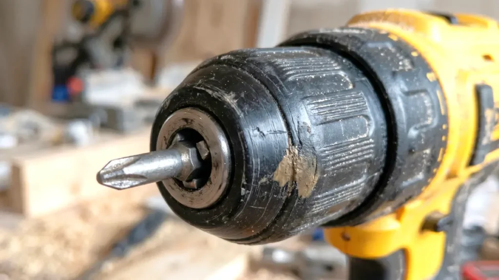 Close-up of the black plastic chuck on the DeWalt DCD771C2 drill.