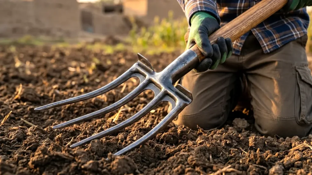 A gardener kneeling in tilled soil, holding a sturdy four-tine forged metal garden fork with a wooden handle, wearing green and black protective gloves.