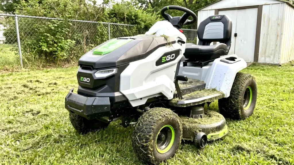 EGO Power+ Electric Riding Lawn Mower TR4204 tested on a rough residential lawn for Smart AI Gears.