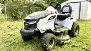 EGO Power+ Electric Riding Lawn Mower TR4204 tested on a rough residential lawn for Smart AI Gears.