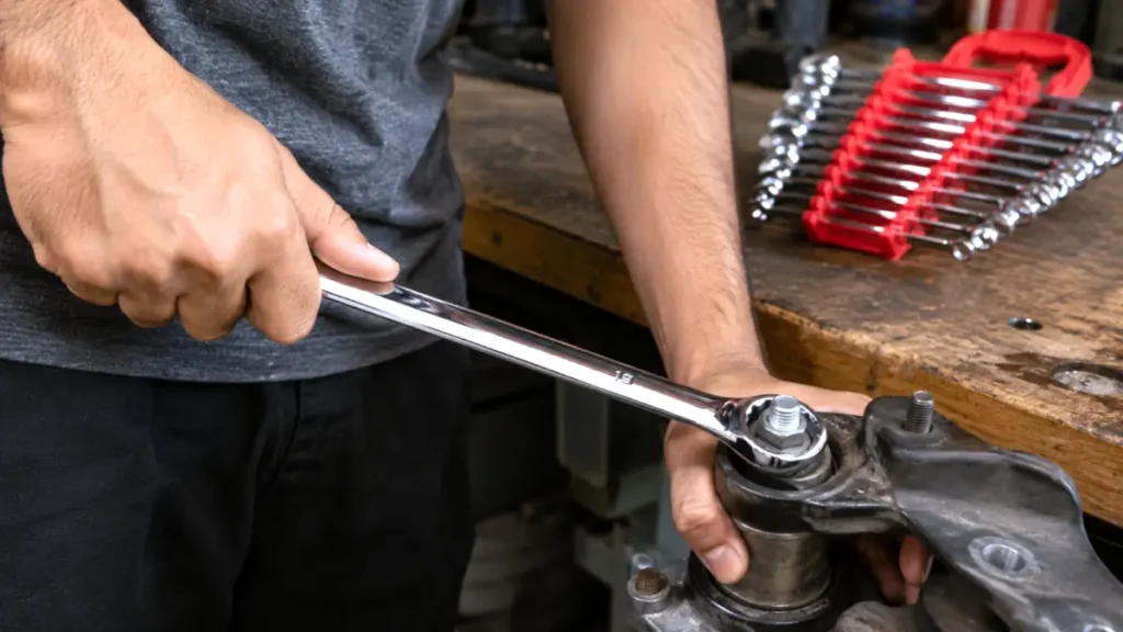 Efficere long pattern metric wrench being used on an automotive bolt