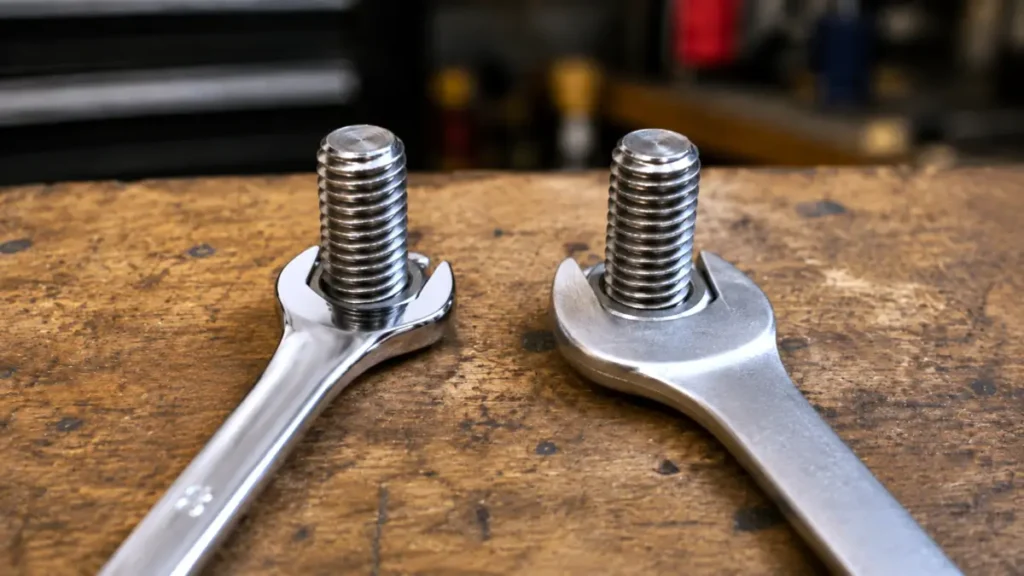 Efficere V-cut open end wrench gripping a hex nut beside a standard wrench