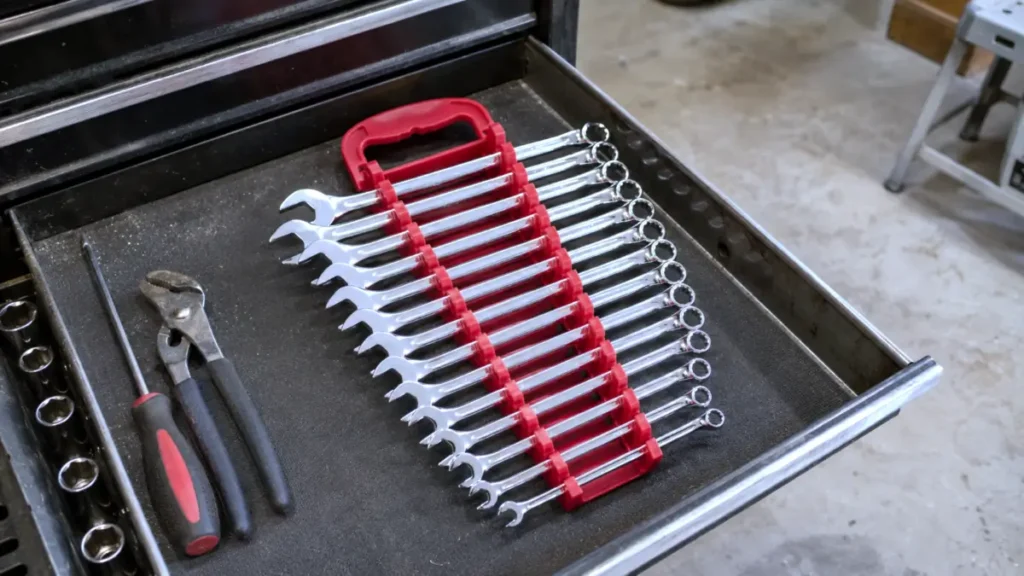 Efficere metric wrench set in red storage rack inside a toolbox drawer