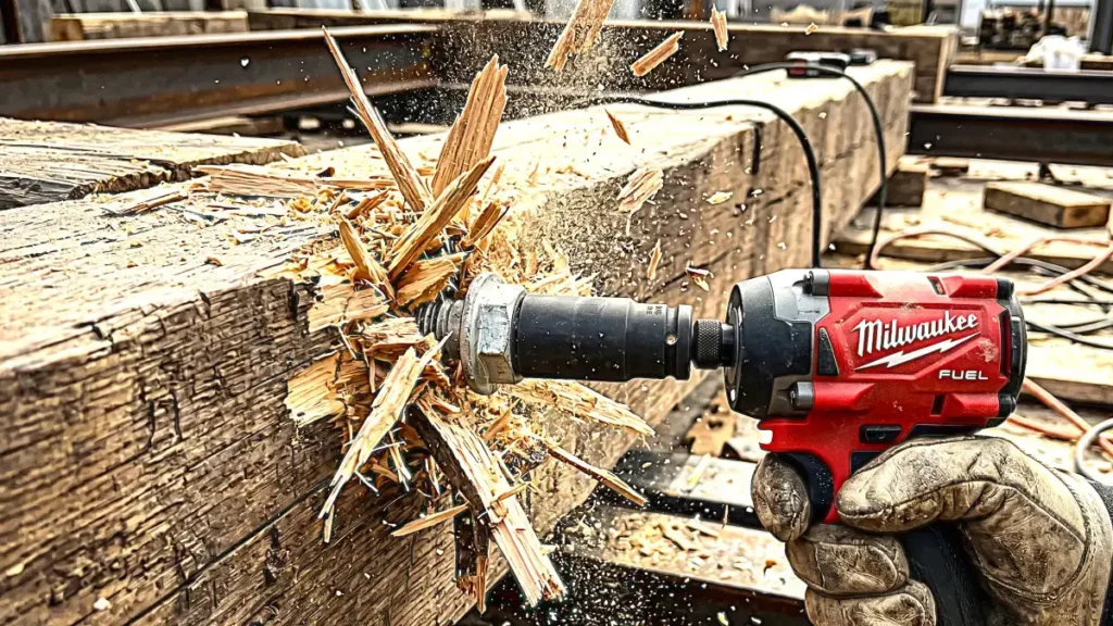 Close-up action photograph of an impact driver sinking a thick lag bolt into timber.