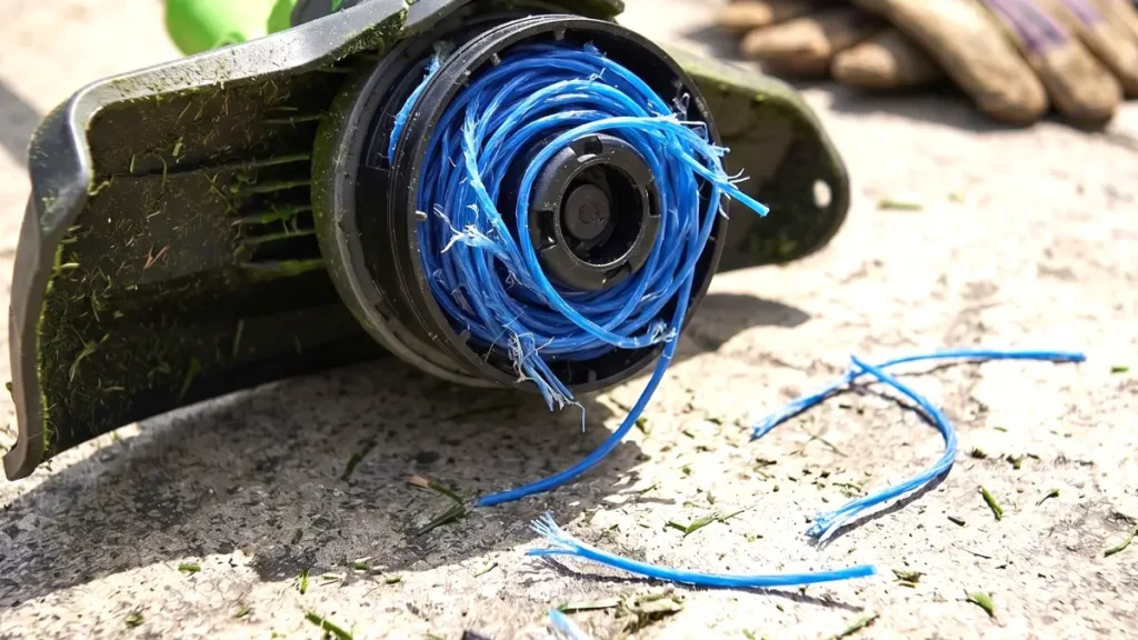 Close-up view of the brittle factory-loaded .065-inch blue nylon string jammed and tangled inside the auto-feed spool of the Greenworks trimmer.