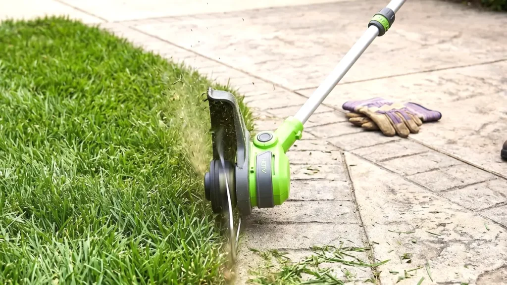 Greenworks 40V string trimmer with its head rotated 90 degrees, using the guide wheel to cut clean edges between grass and a concrete driveway.