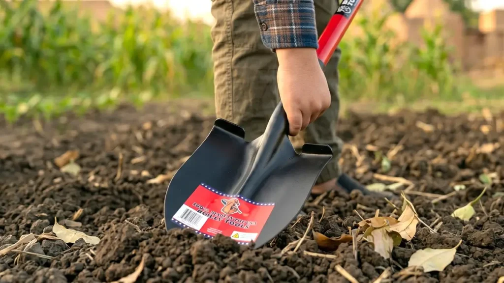 A gardener holding a heavy-duty Bully Tools spade with a red handle and black D-grip, preparing to dig in a tilled field.