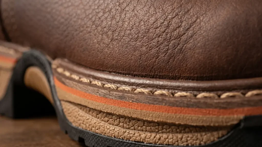 Close-up of the thick buffalo leather and Goodyear welt stitching.