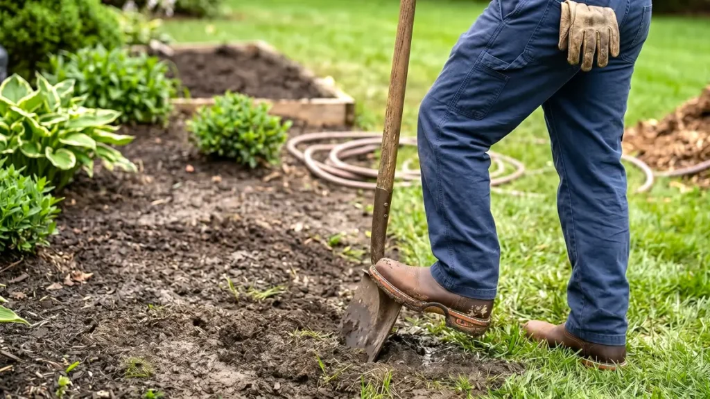 King Welt Chelsea boots being used for outdoor landscaping in mud and grass.
