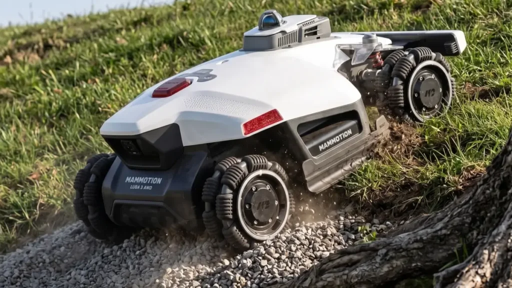 Mammotion LUBA 3 AWD robot mower climbing a steep 35-degree pea gravel embankment without slipping.