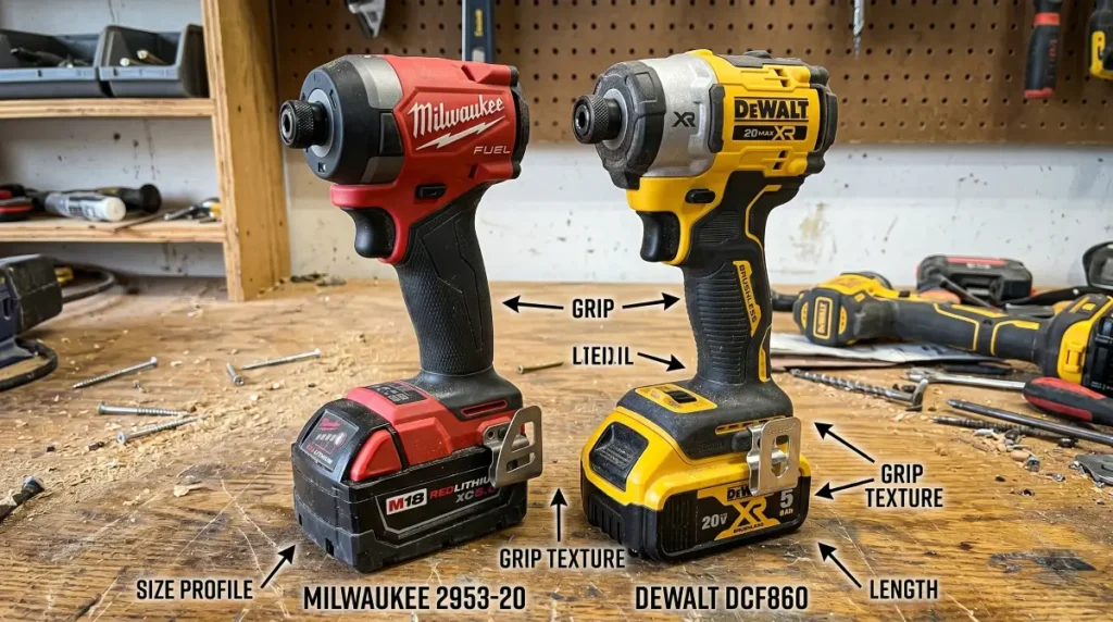 Side-by-side size comparison of two flagship impact drivers on a scratched workbench.