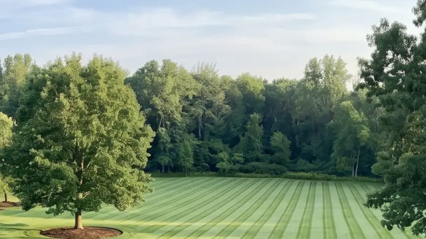 A pristine 1.25-acre lawn with perfect 15.7-inch mowing stripes cut by the Mammotion LUBA 3 robot mower.