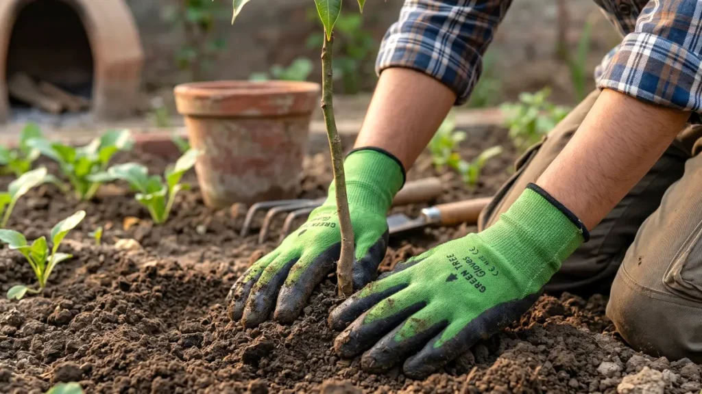 A gardener's hands, protected by green and black coated gardening gloves, firmly pressing soil around the base of a newly planted sapling.