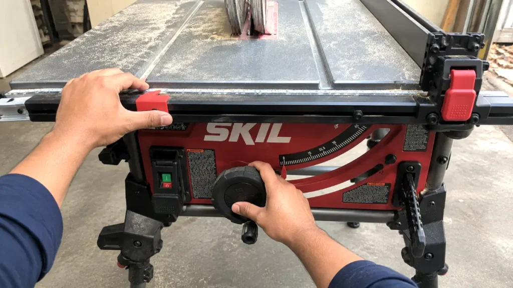 Close up view of hands turning the rack and pinion fence adjustment dial on the table saw.
